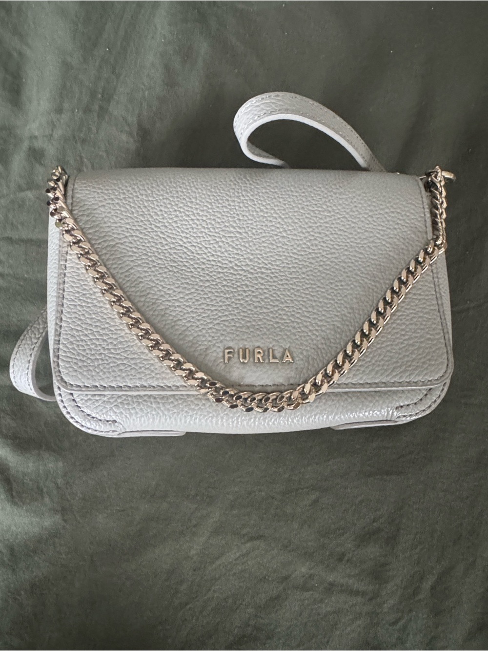 Furla Maya Mini Pebbled Leather Crossbody in Light Gray with Gold Chain
